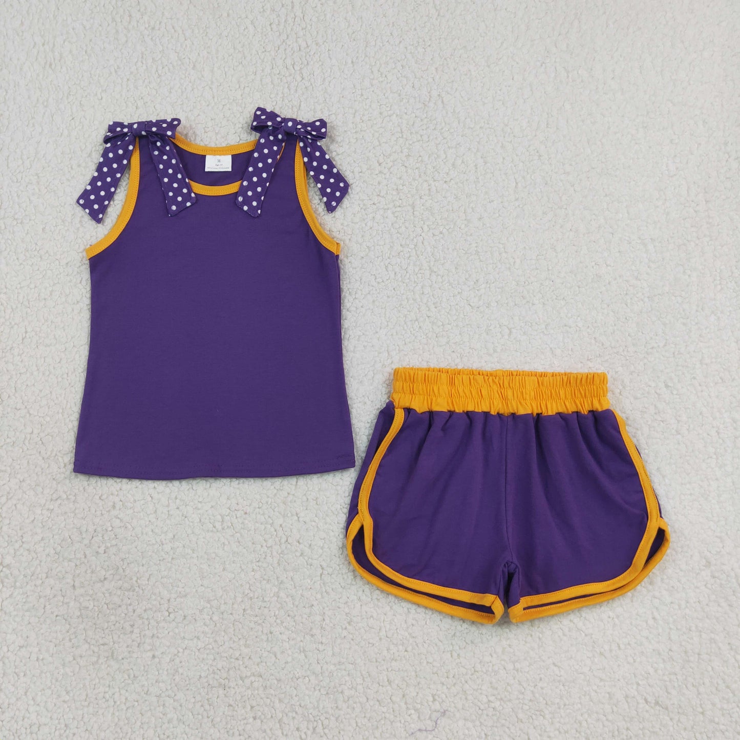GSSO3826 RTS NO MOQ （In stock）cotton Sleeveless polka dots bow purple top shorts girls team outfits