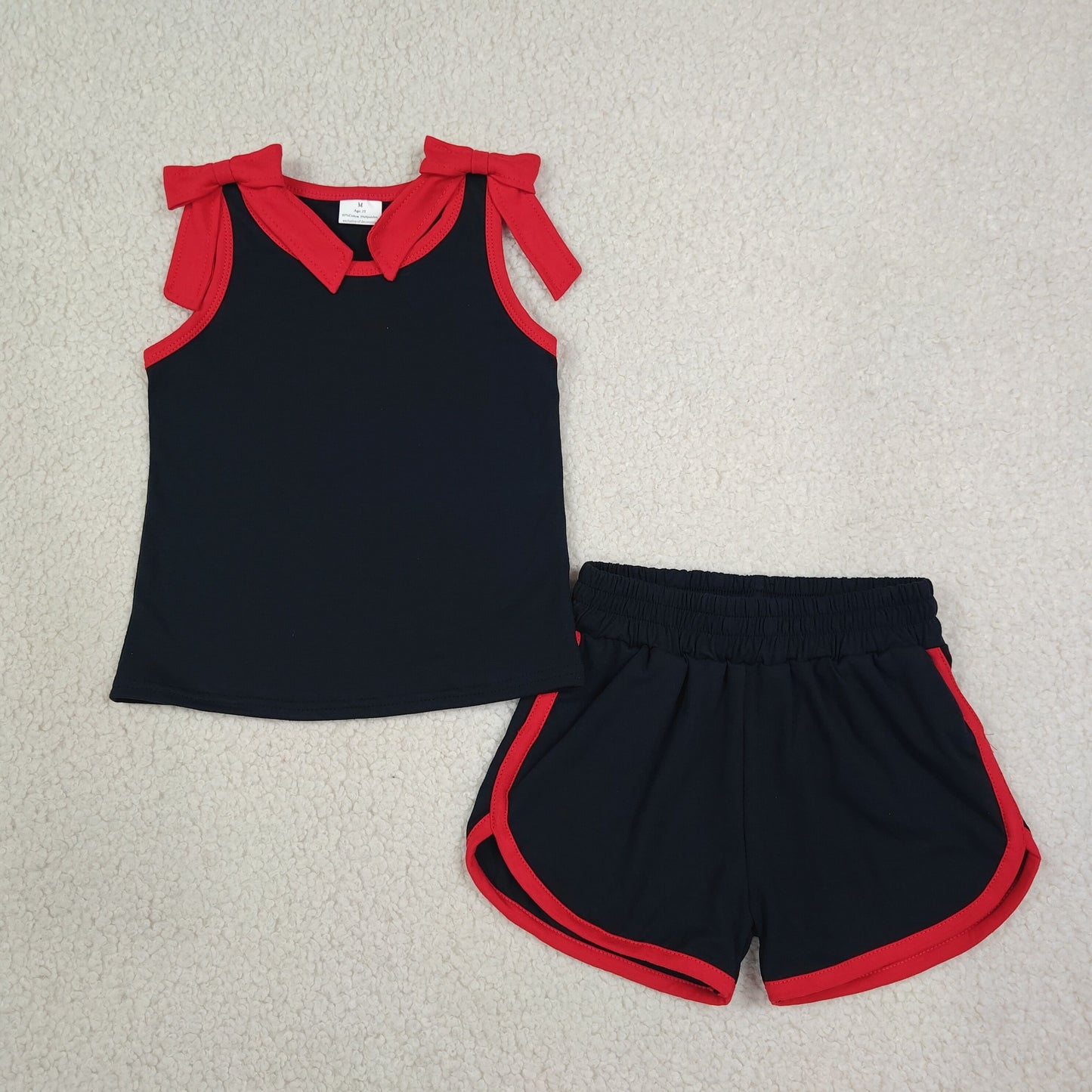 GSSO3827 RTS NO MOQ （In stock）Baby Girls Black Red Bows Sleeveless Top Shorts Two Piece Summer Sets