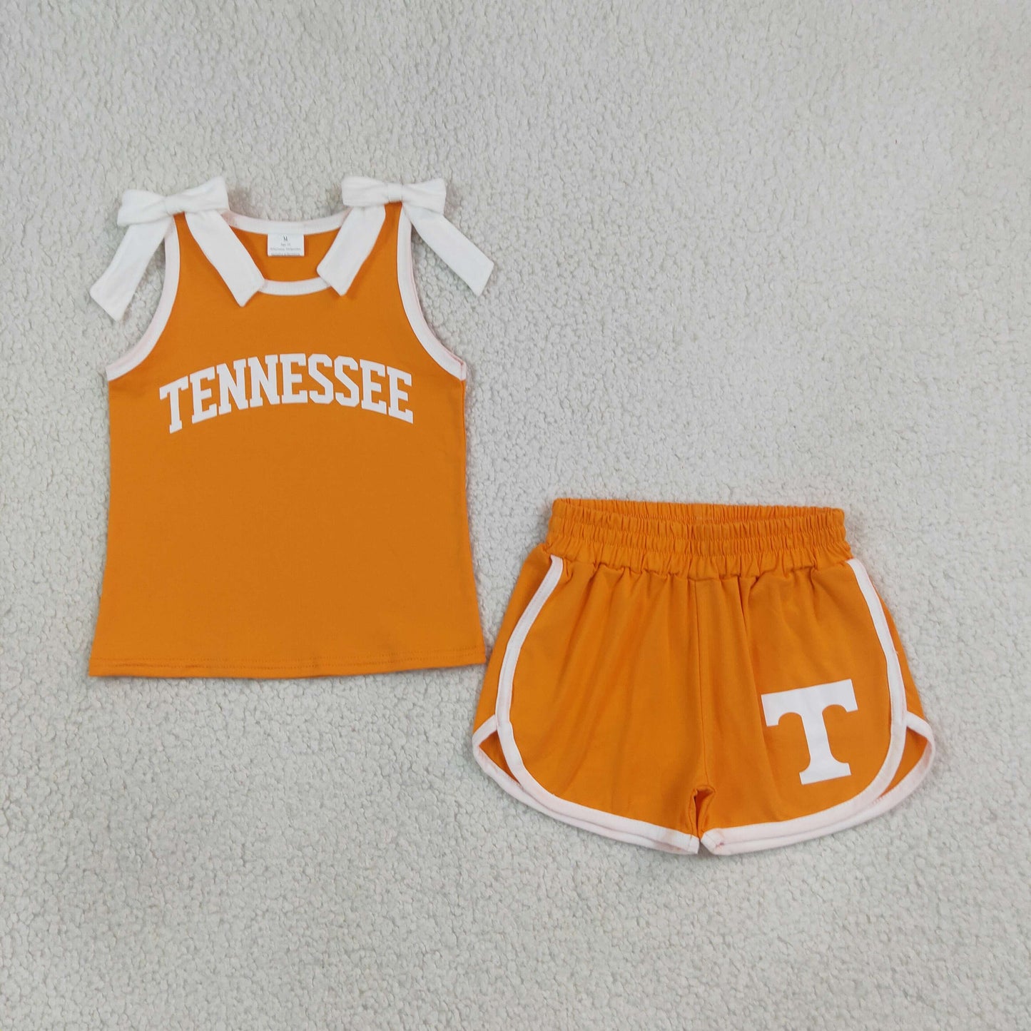 GSSO3829 RTS NO MOQ （In stock）Sleeveless white bow orange top shorts T team girls outfits