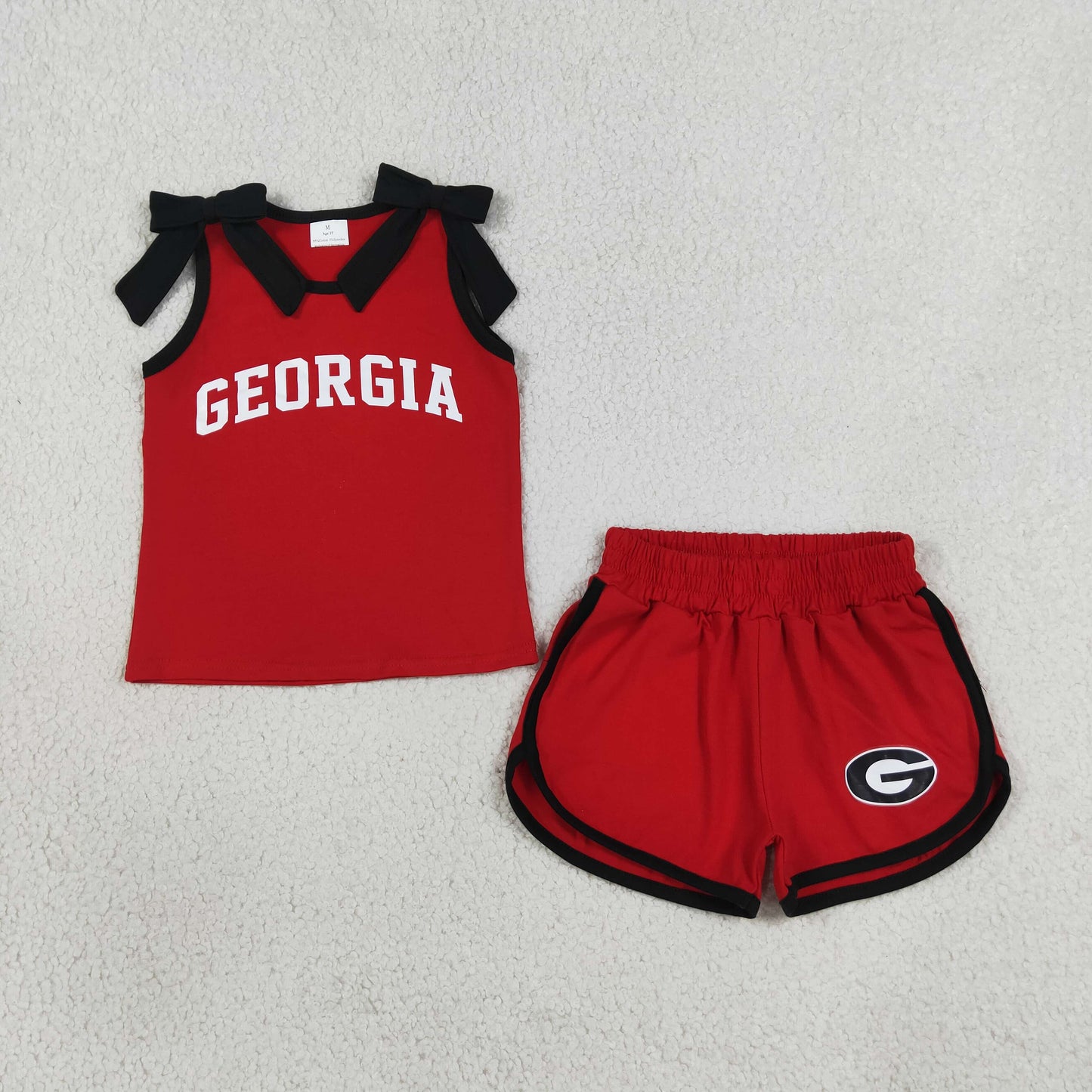 GSSO3834 RTS NO MOQ （In stock）Sleeveless black bow red top shorts G team girls outfits