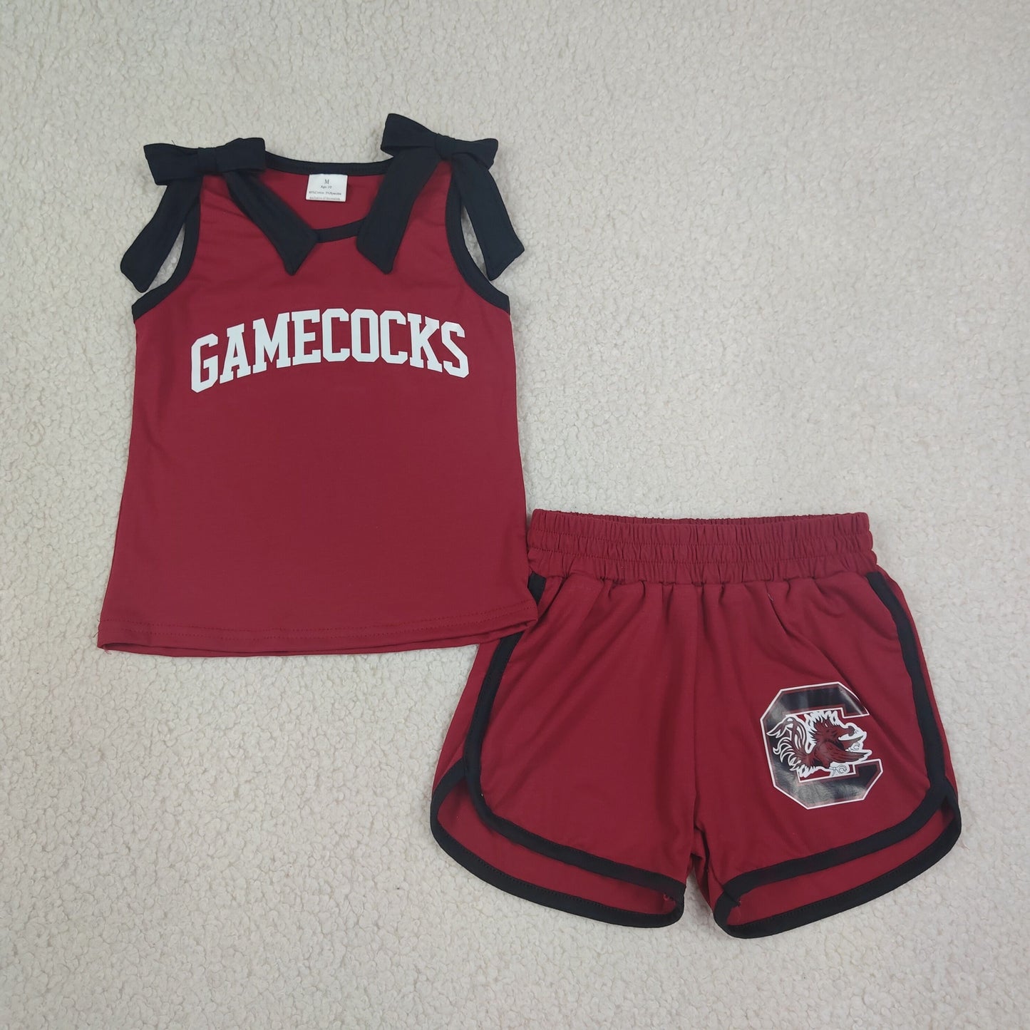 GSSO3835 RTS NO MOQ （In stock）Sleeveless black bow maroon top shorts team girls outfits