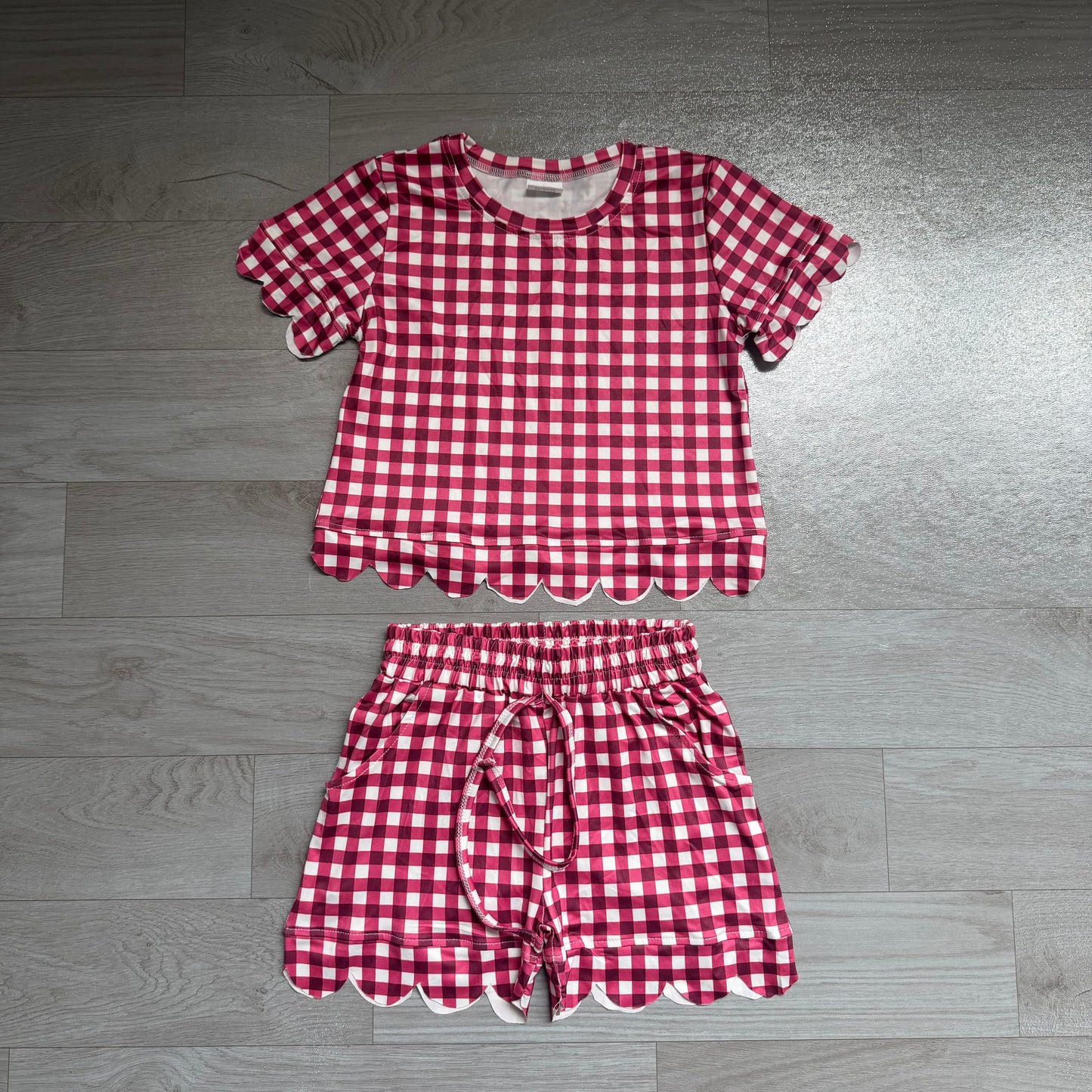 GSSO3836 Sample No Moq Short sleeves plaid scallop top shorts girls team outfits