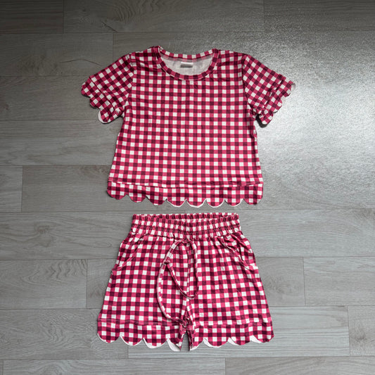GSSO3836 Sample No Moq Short sleeves plaid scallop top shorts girls team outfits