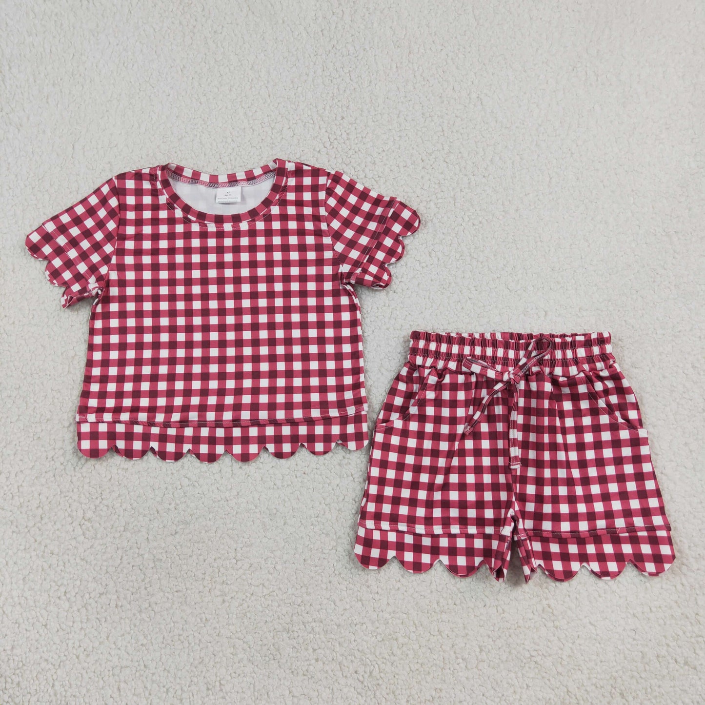 RTS NO MOQ （In stock） milk silk GSSO3836 Baby Girls Maroon Plaid Checked Short Sleeve Shirt Top And Scallop Hem Shorts Set