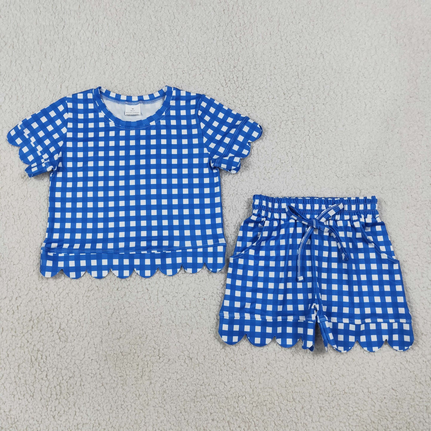 GSSO3837 RTS NO MOQ （In stock）milk silk Baby Girls Hot Blue Checked Shirt Top Pockets Short Scallop Clothes Set
