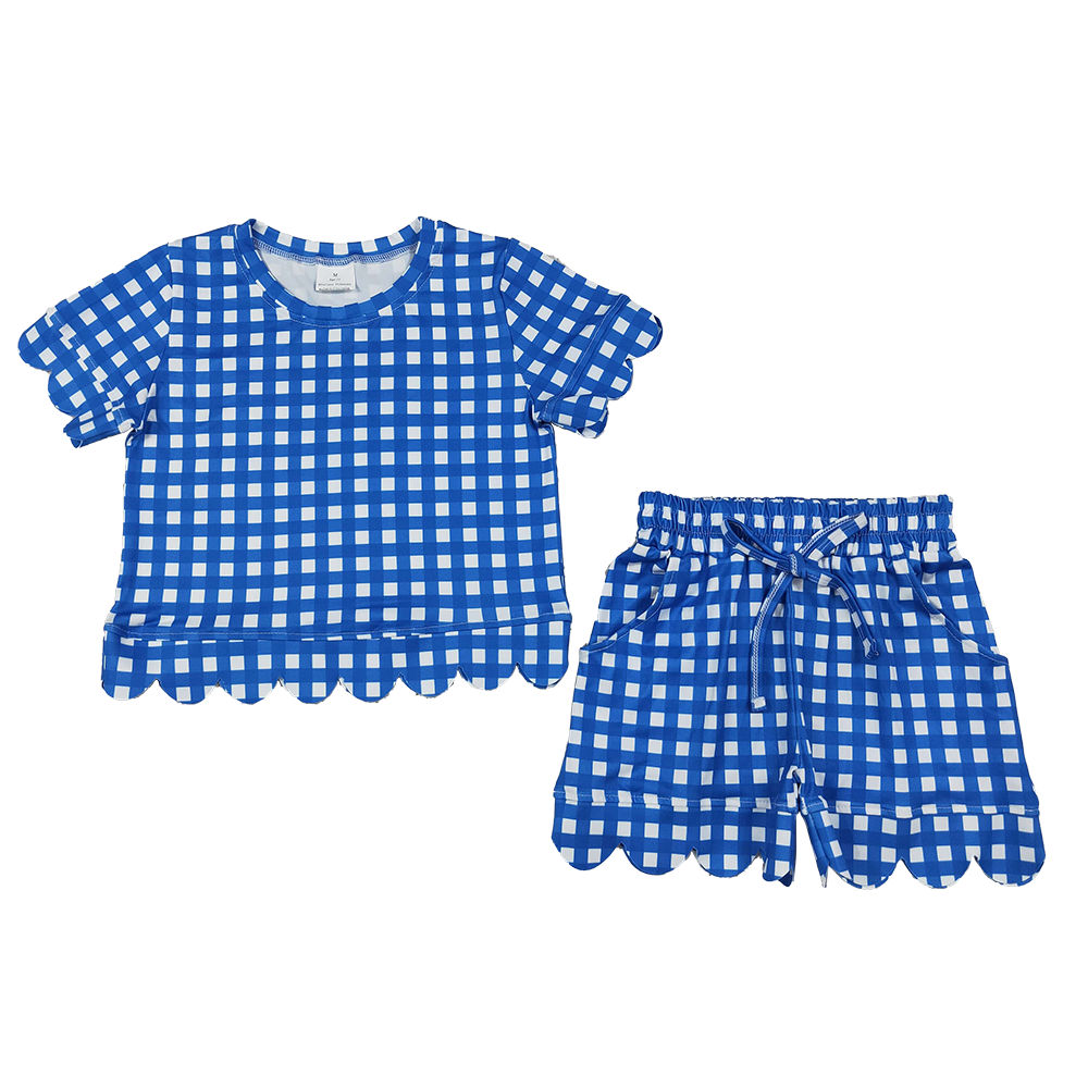 GSSO3837 RTS NO MOQ （In stock）milk silk Baby Girls Hot Blue Checked Shirt Top Pockets Short Scallop Clothes Set