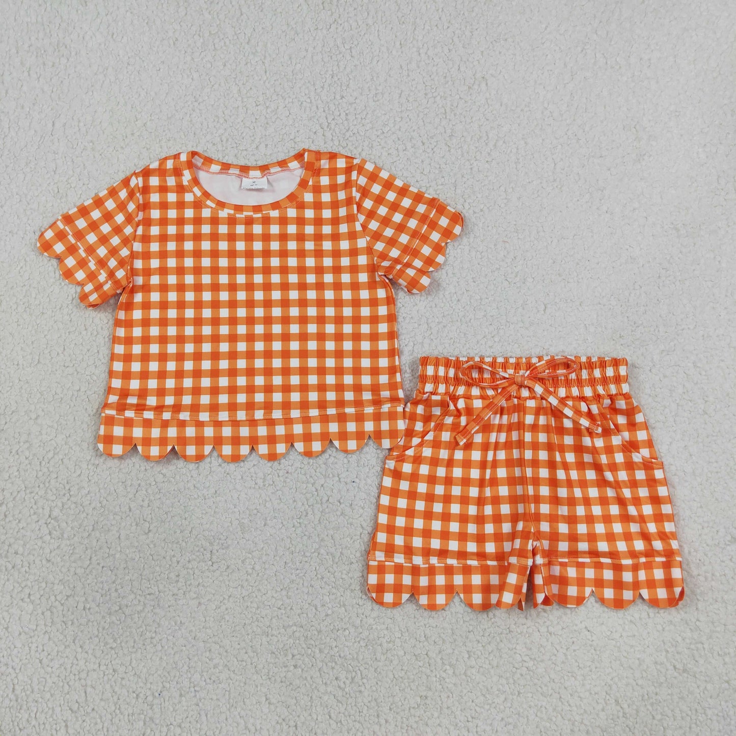 RTS NO MOQ Sibling milk silk Baby Girls Checked Shirt Top Pockets Short Scallop Clothes Set Summer Casual Outfit