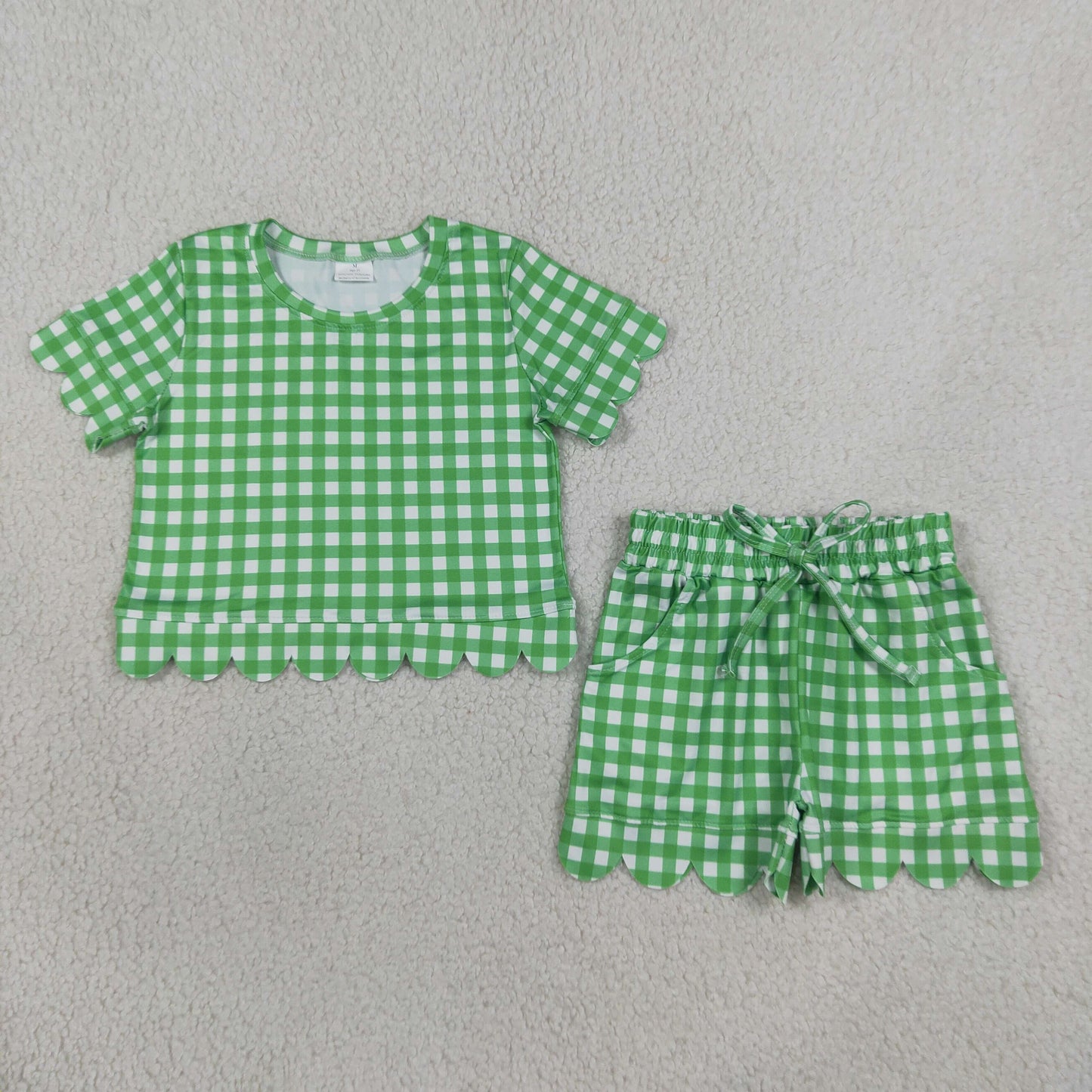 RTS NO MOQ Sibling milk silk Baby Girls Checked Shirt Top Pockets Short Scallop Clothes Set Summer Casual Outfit