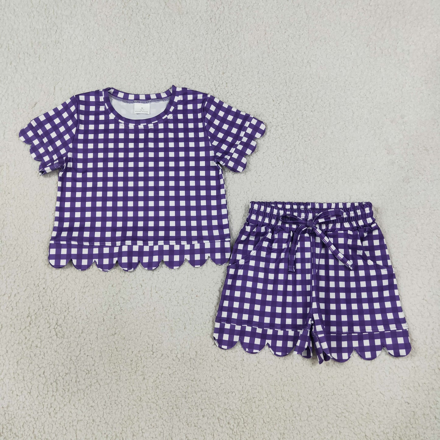 RTS NO MOQ （In stock）milk silk GSSO3841 Baby Girls Purple Check Shirt Top Elastic Scallop Shorts Set