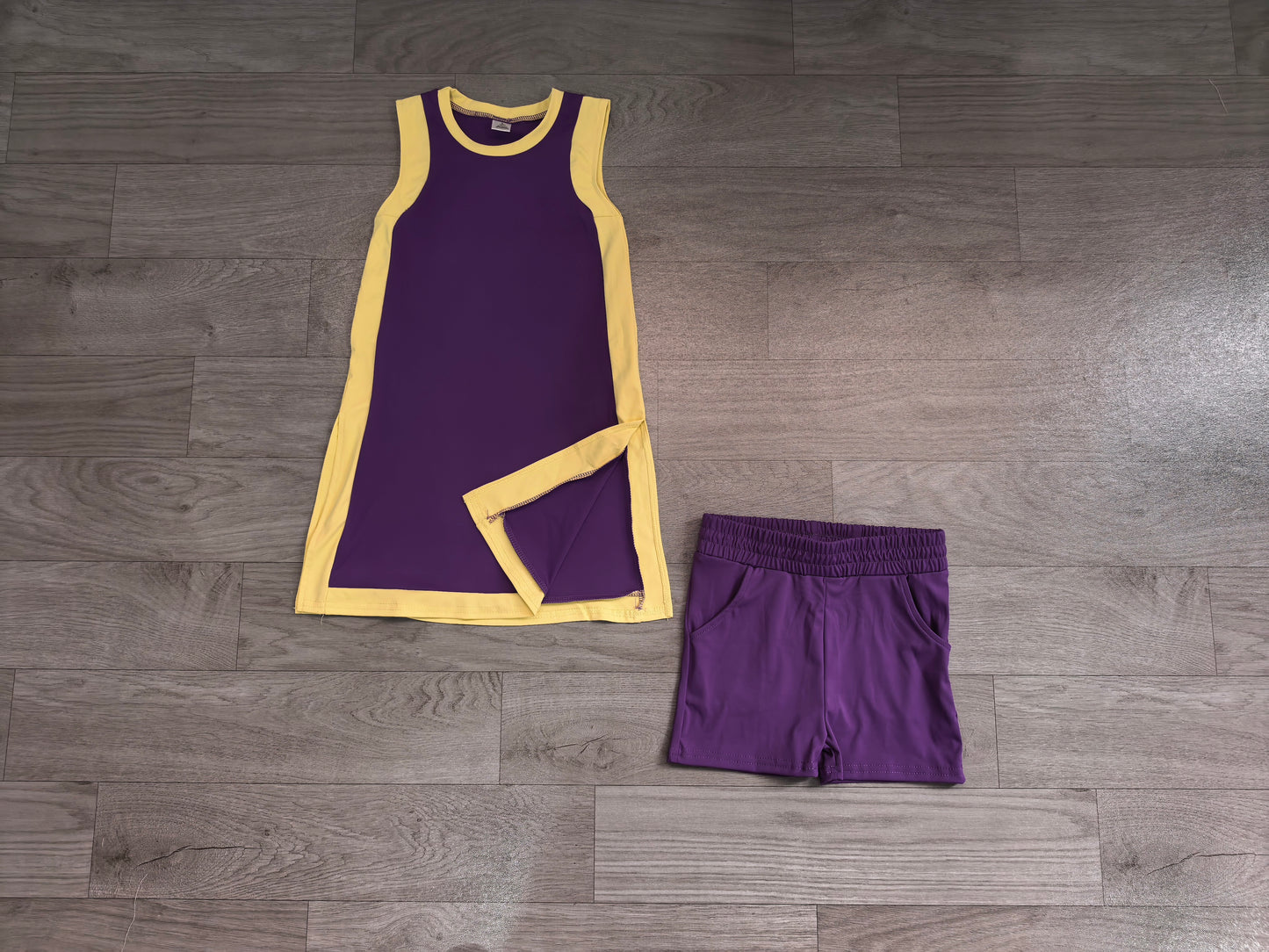 GSSO3844(GDS4253+SS0958) Sample No Moq Yoga Baby Girls Sleeveless Yellow Purple Yoga Active Split Skirt Short Clothes Set
