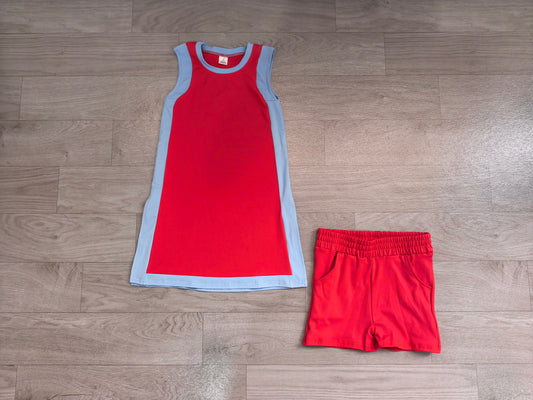 GSSO3846(GDS4255+SS0960） Sample No Moq Yoga Baby Girls Sleeveless Blue Red Yoga Active Split Skirt Short Clothes Set