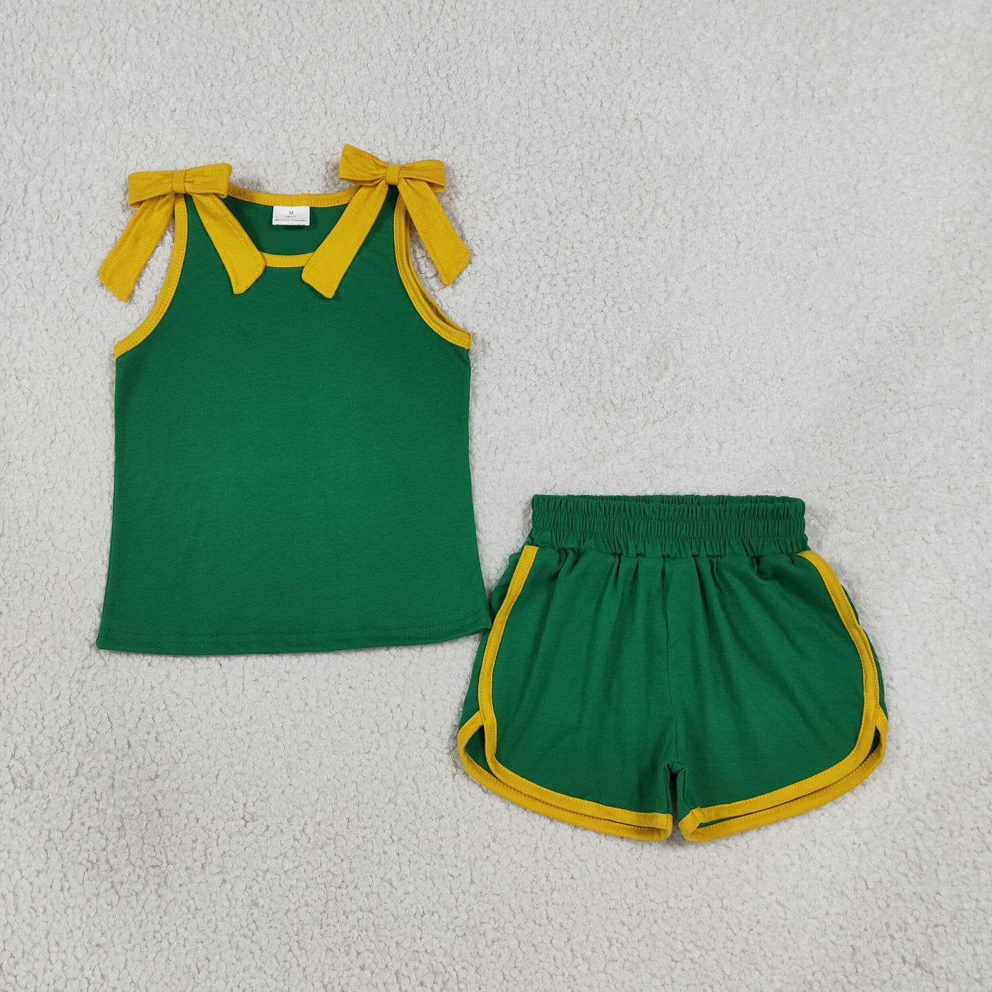 RTS NO MOQ （In stock）cotton GSSO3850 Baby Girls Green Gold Bows Sleeveless Vest Top Short Clothes Set