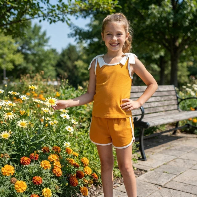 RTS NO MOQ （In stock）cotton GSSO3851 Baby Girls Orange White Bow Sleeveless Top Shorts Summer Sets