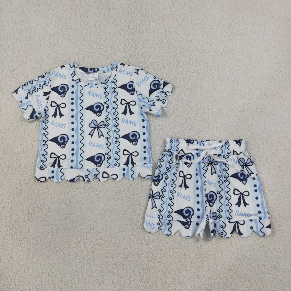 RTS NO MOQ Sibling milk silk Baby Girls Bow Print Short Sleeve Top And Scallop Shorts Team Set