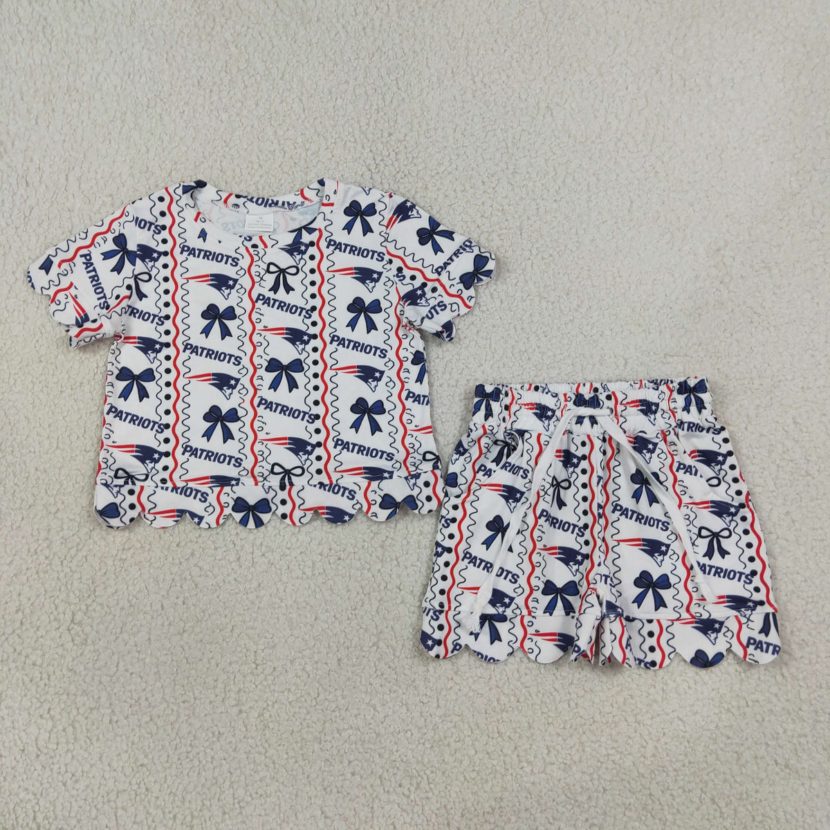RTS NO MOQ （In stock）GSSO3854 milk silk Baby Girls Rams Bows Stripe Top Short Team Scallop Clothes Sets
