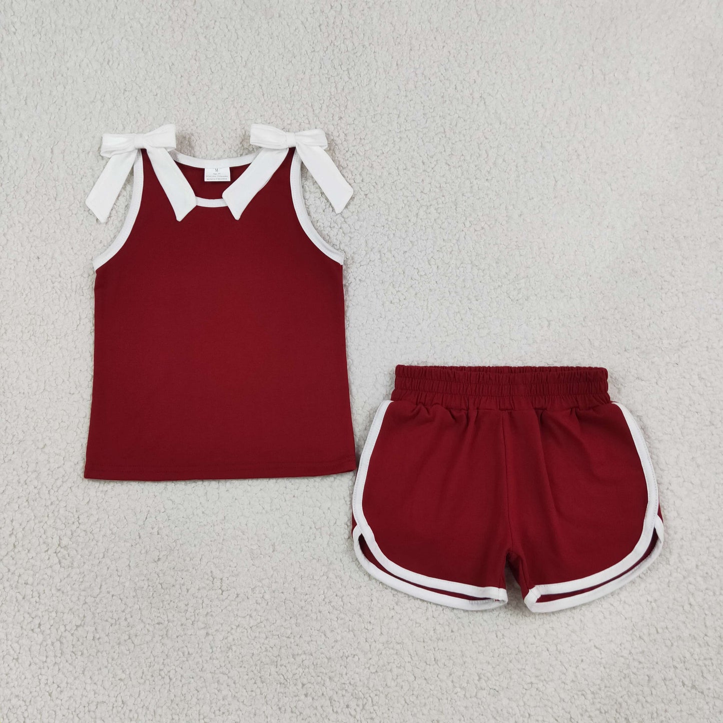 RTS NO MOQ （In stock）cotton GSSO3855 Baby Girls Maroon White Bows Sleeveless Vest Top Short Sets