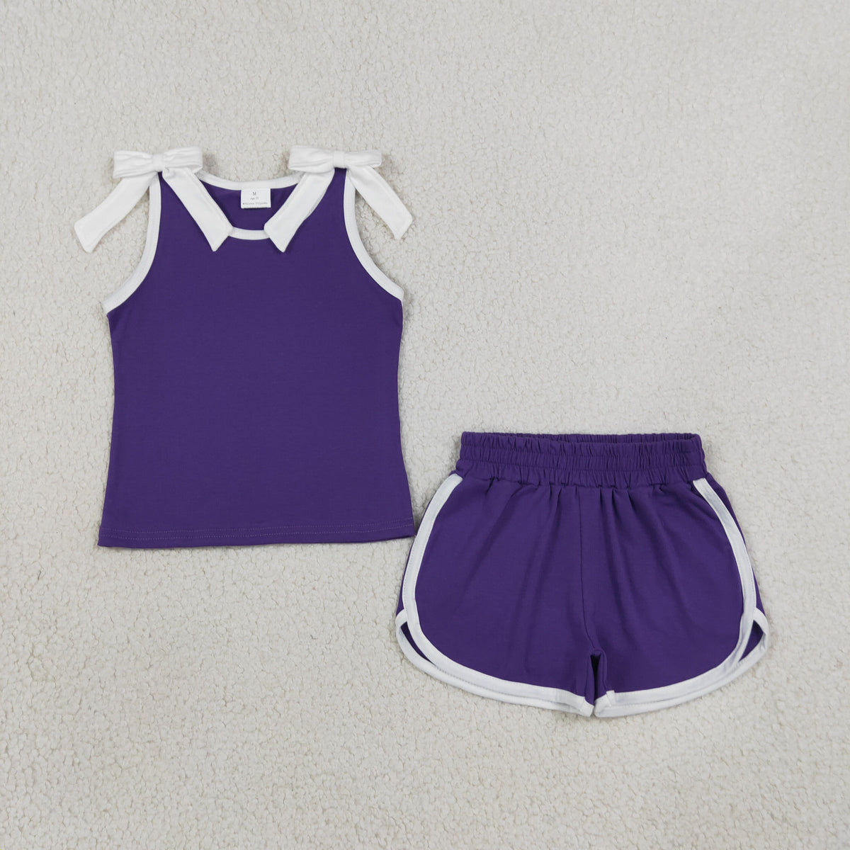 RTS NO MOQ （In stock）GSSO3858 milk silk Baby Girls Purple White Bows Sleeveless Vest Top Short Clothes Sets