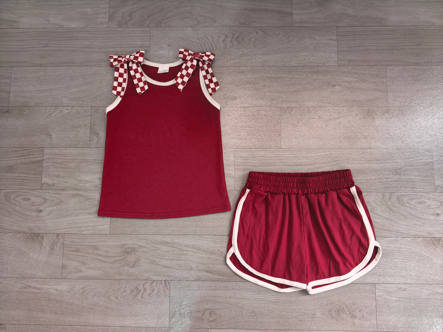 GSSO3859 Sample No Moq milk silk Baby Girls Maroon Checked Bows Sleeveless Vest Short Clothes Sets