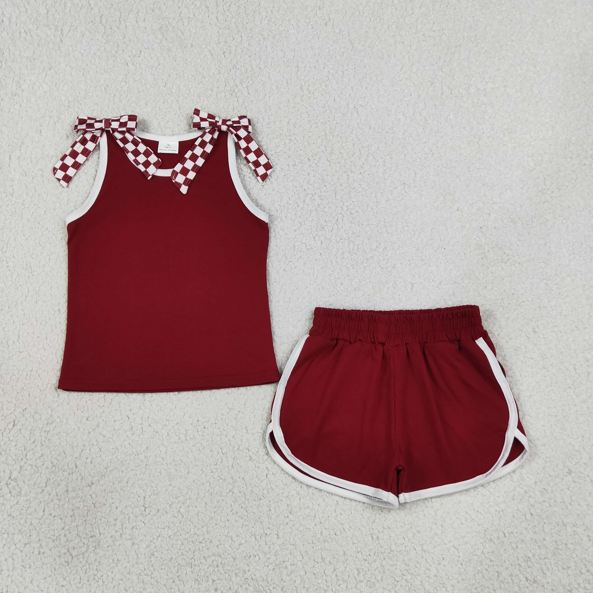 RTS NO MOQ （In stock）GSSO3859 milk silk Baby Girls Maroon Checked Bows Sleeveless Vest Short Clothes Sets