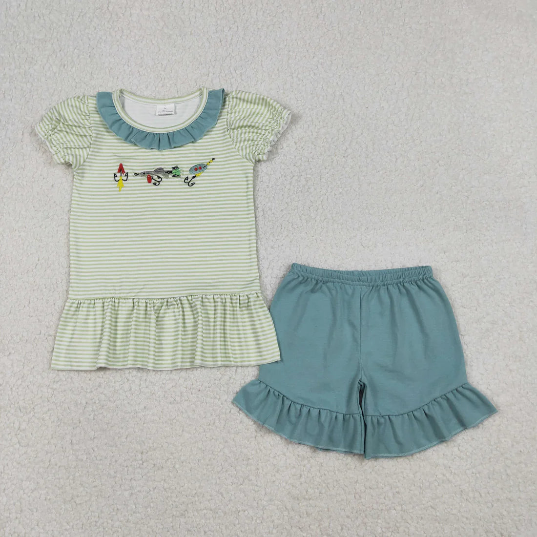 12.23 RTS Sibling Baby Boys Girls Embroidery Fishing Top Shorts Hunting Clothes Sets