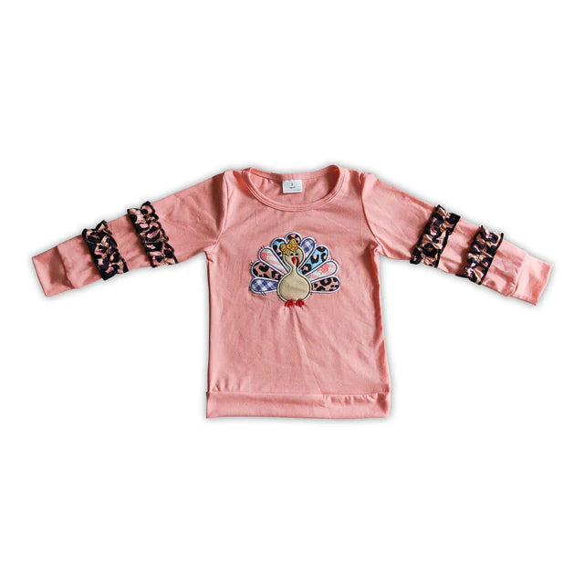 RTS Sibling milk silk Baby Girls Pink Fall Turkey Print Thanksgiving Tunic Top Ruffle Pants Two Piece Clothes Sets Dress Rompers