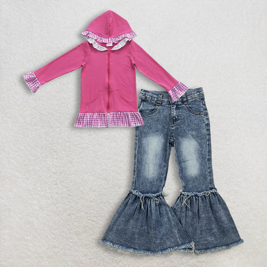 12.10 RTS NO MOQ （In stock）GT0261 + P0676 Baby Girls Pink Plaid Hotpink Hoodie Zip Cardigan Jackets Tops  Denim Flare Pants Jeans