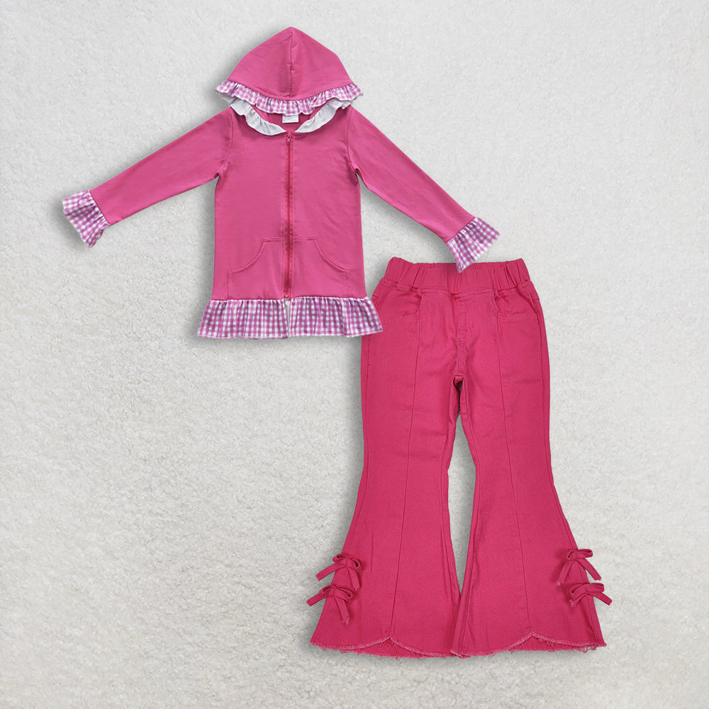 12.10 RTS NO MOQ （In stock）GT0261 + P0731 Baby Girls Pink Plaid Hotpink Hoodie Zip Cardigan Jackets Tops  Denim Flare Pants Jeans