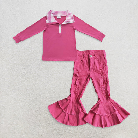 10.14 RTS NO MOQ （In stock）GT0276 + D14-14 Baby Kids Hotpink Long Sleeve Elbow Pullover Tee Shirt Tops Flare bell pants