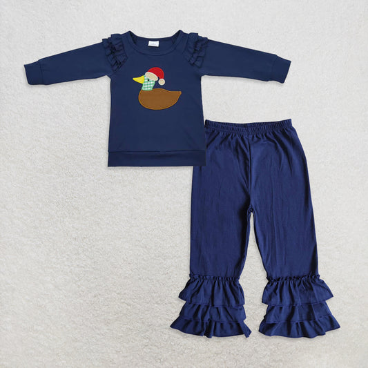 10.14 RTS NO MOQ （In stock）GT0281 + D10-13 Christmas Baby Girls Duck Hats Long Sleeve Ruffle Shirts Dark Blue triple ruffle pants