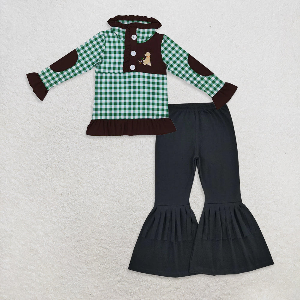 10.14 RTS NO MOQ （In stock）GT0284 + P0282 Baby Girls Hunting Green Checkered Long Sleeve Elbow Pullover Tee Shirt Tops Black Cotton Fringe Ruffle Bell Pants