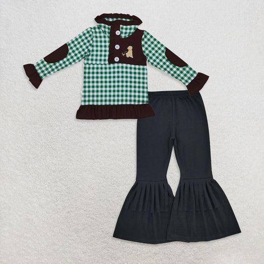 10.14 RTS NO MOQ （In stock）GT0284 + P0282 Baby Girls Hunting Green Checkered Long Sleeve Elbow Pullover Tee Shirt Tops Black Cotton Fringe Ruffle Bell Pants
