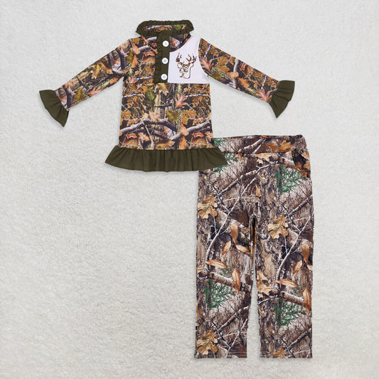 10.14 RTS NO MOQ （In stock）GT0311 + P0715 Baby Girls Camo Hunting Deer Ruffle Pullover Jackets Tops Camo Pockets Pants