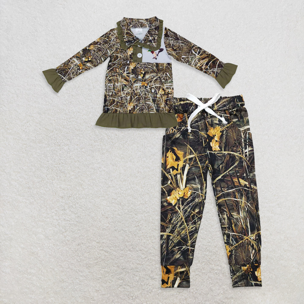 10.14 RTS NO MOQ （In stock）GT0312 + P0434 Baby Girls Camo Hunting Duck Ruffle Pullover Jackets Tops Camo Branches Pockets Pants