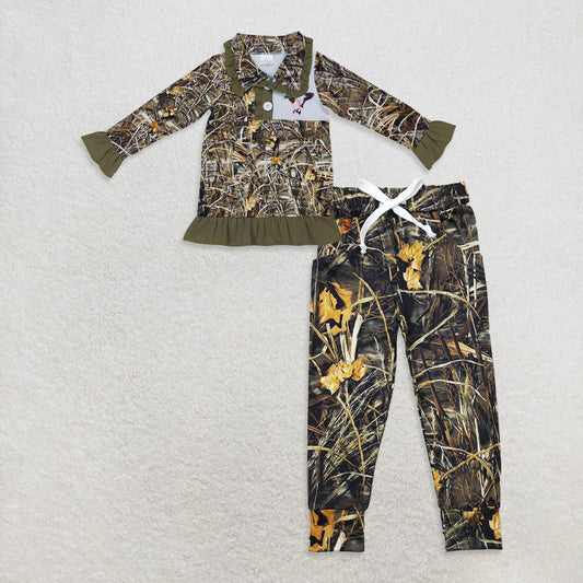 10.14 RTS NO MOQ （In stock）GT0312 + P0434 Baby Girls Camo Hunting Duck Ruffle Pullover Jackets Tops Camo Branches Pockets Pants