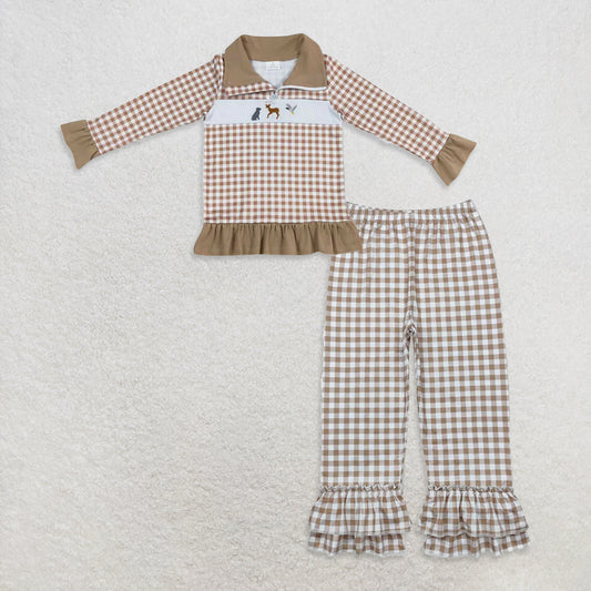 10.14 RTS NO MOQ （In stock）GT0320 + P0607 Baby Girls Dog Hunting Khaki Checkered Top Tee Shirts Checkered Ruffle Pants