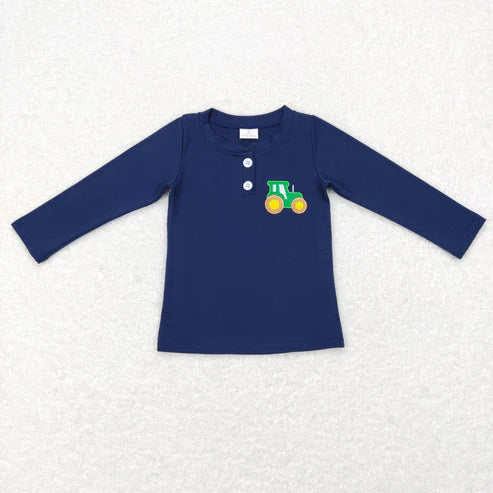 9.25 RTS Sibling Baby Boys Girls Embroidery Farm Trucks Button Tee Shirts Tops
