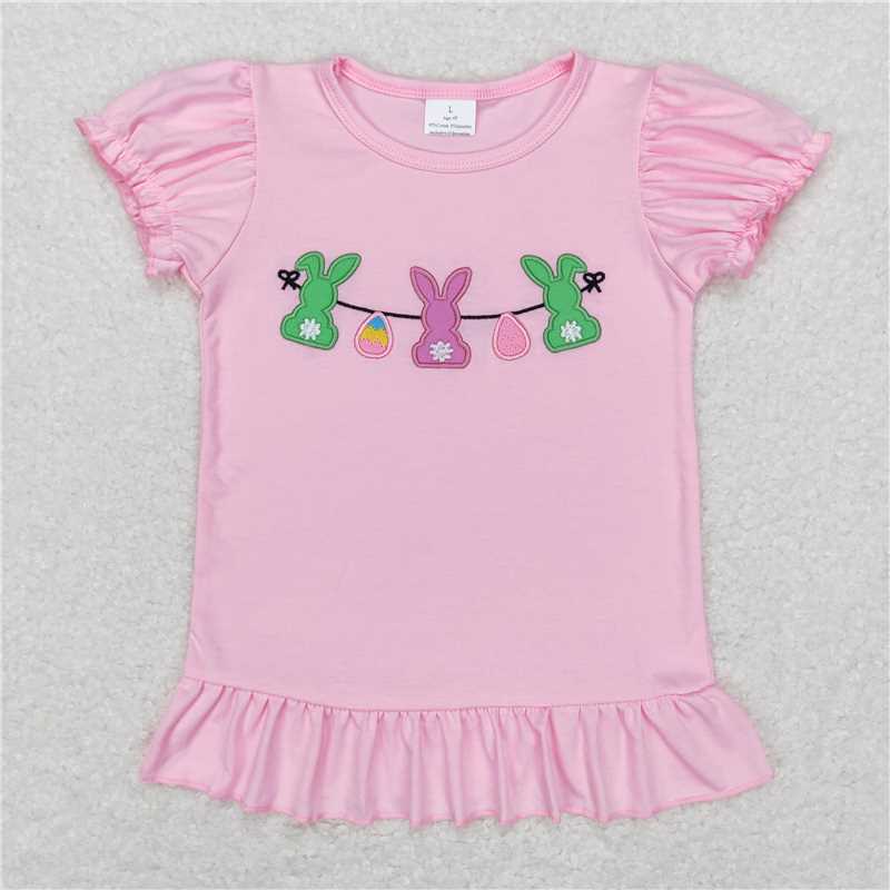 7.02 RTS NO MOQ Sibling Pink bunny eggs short sleeves baby girls easter shirt