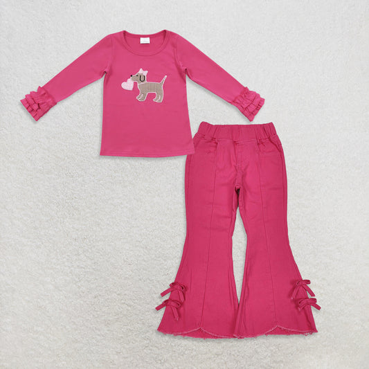 9.22 RTS NO MOQ （In stock）GT0409 + P0731 Baby Girls Green Long Sleeve Tee Shirts Tops Denim Flare Pants Jeans