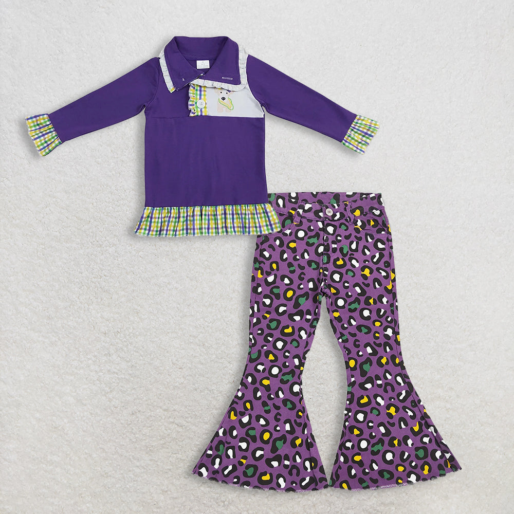 12.3 RTS NO MOQ （In stock）GT0412 + P0313 Baby Girls Mardi Gras Ruffle Dogs Pullovers Tops Leopard Bell Denim Pants Jeans