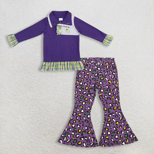 12.3 RTS NO MOQ （In stock）GT0412 + P0313 Baby Girls Mardi Gras Ruffle Dogs Pullovers Tops Leopard Bell Denim Pants Jeans