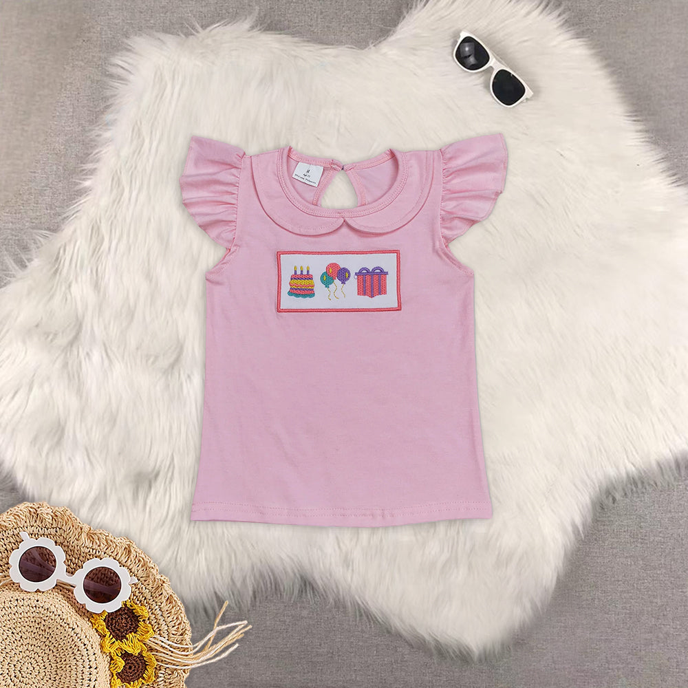8.16 RTS Sibling Pink balloon cake tunic plaid pants happy birthday girls clothes tops dress