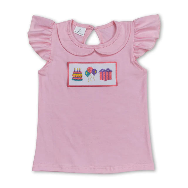 5.26 RTS NO MOQ （In stock）GT0501+SS0181 Pink flutter sleeves cake balloon gift kids girls birthday shirt with Pink ruffle cotton baby girls summer shorts