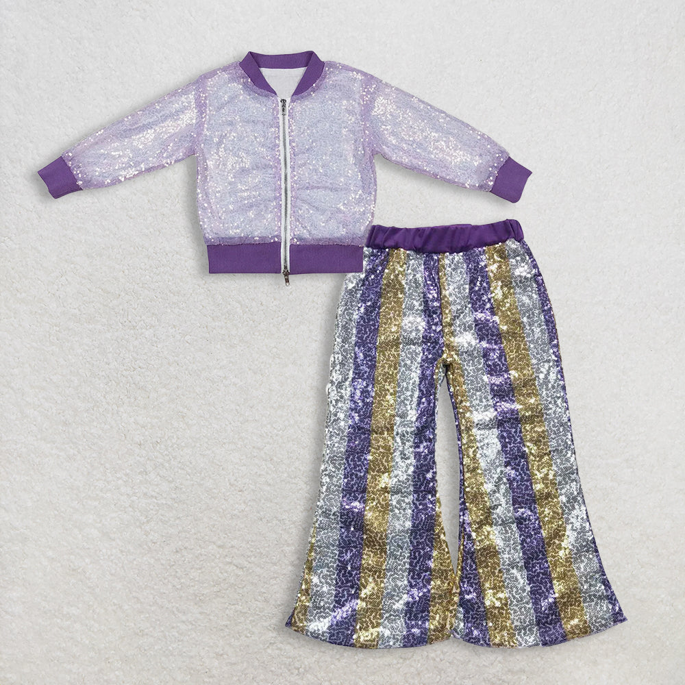 12.3. RTS NO MOQ （In stock）GT0559 + P0276 Baby Girls Lavender Concert Wear Singer Long Sleeve Sequin Jackets Sequin Bell Bottom Pants