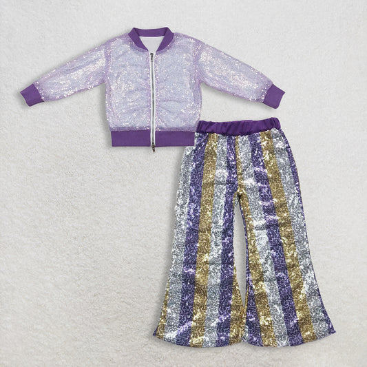 12.3. RTS NO MOQ （In stock）GT0559 + P0276 Baby Girls Lavender Concert Wear Singer Long Sleeve Sequin Jackets Sequin Bell Bottom Pants