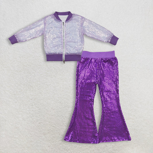 12.4 RTS NO MOQ （In stock）GT0559 + P0500 Baby Girls Purple Color Long Sleeve Sequin Jackets Sequin Bell Bottom Pants