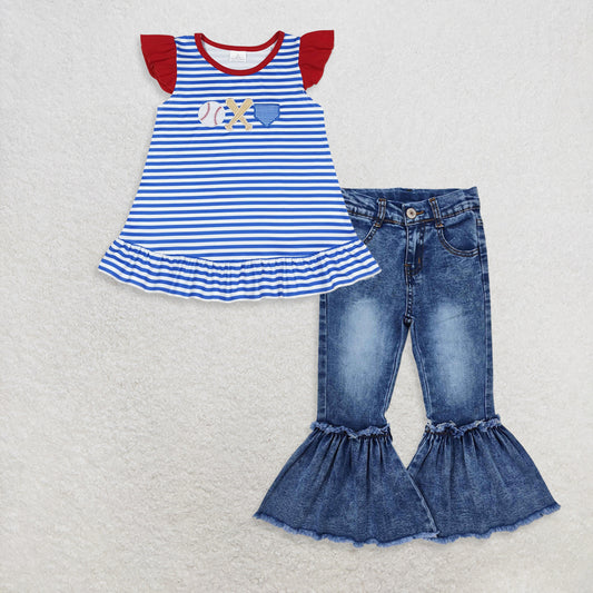 9.19 RTS NO MOQ （In stock）GT0560 +P0676 Baby Girls Flutter Sleeve Tunic Top Denim Flare Pants Jeans
