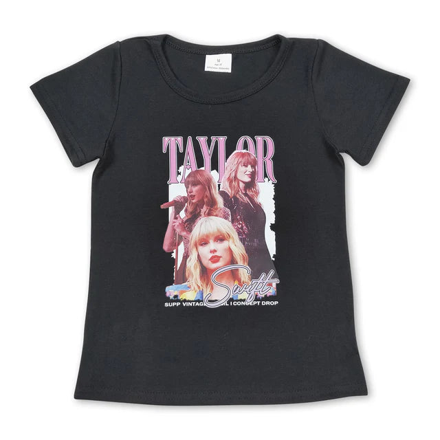 5.26 RTS NO MOQ （In stock）GT0572+SS0343 Black short sleeves girls shirt shirt with Navy stripe cotton girls summer shorts