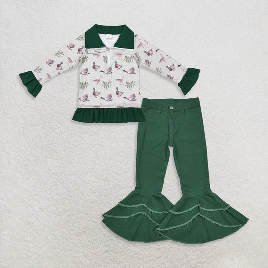 9.23 RTS NO MOQ （In stock）GT0605 + P0171 Baby Girls Ruffles Zip Pullovers Tops Green Denim Bell Pants