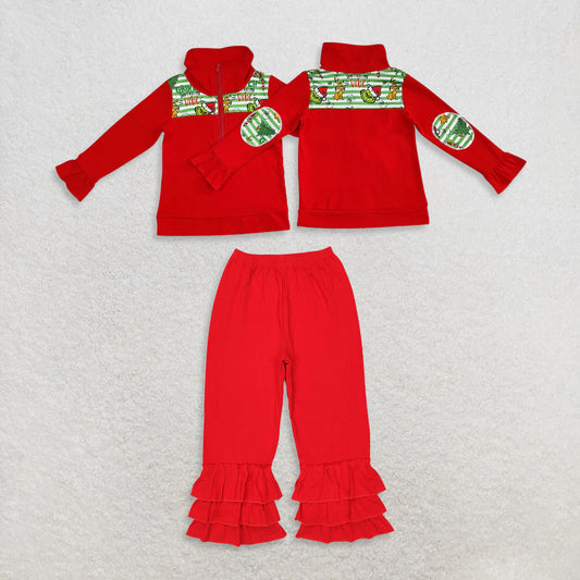 9.23 RTS NO MOQ （In stock）GT0611 + P0409 Baby Girls Christmas Green Face Zip Pullovers Tops Ruffle Bottom Pants