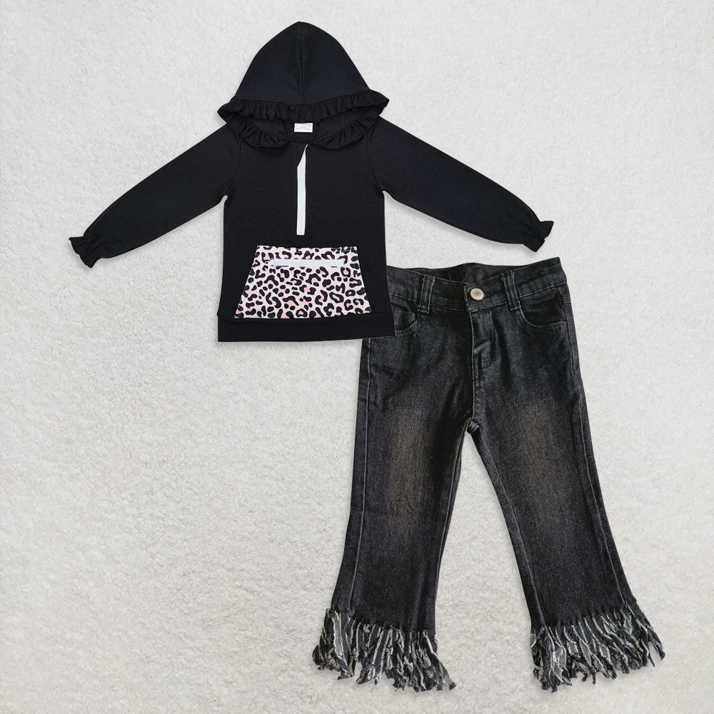 9.20 RTS NO MOQ （In stock）GT0624 + D4-30 Baby Girls Pocket Long Sleeve Tops Black Tassel denim pants Jeans